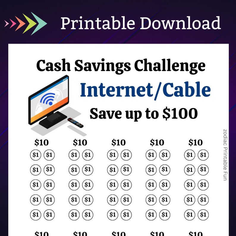 May include: A printable chart to help save money on internet and cable bills. The chart has five columns, each with ten circles. Each circle represents $1, and the total amount saved in each column is $10. The chart is designed to help people save up to $100.