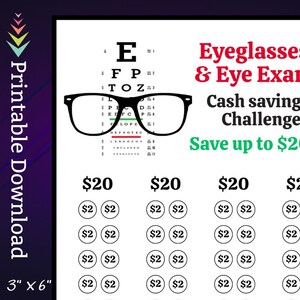 A6 Eyeglasses Savings Challenge Printable for Eye Exam Money Saving Sinking Fund for Vision Cash Stuffing Savings Tracker for Men Women Kids