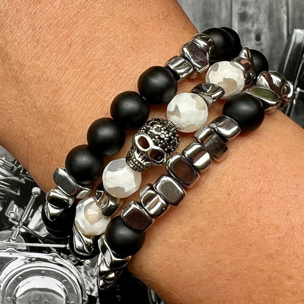 Trilogie de Bracelets, Skull Argent 925 et Zyrconium Noir, Hématite,Agate Peau de girafe, Onyx noir mat, Ref:W1