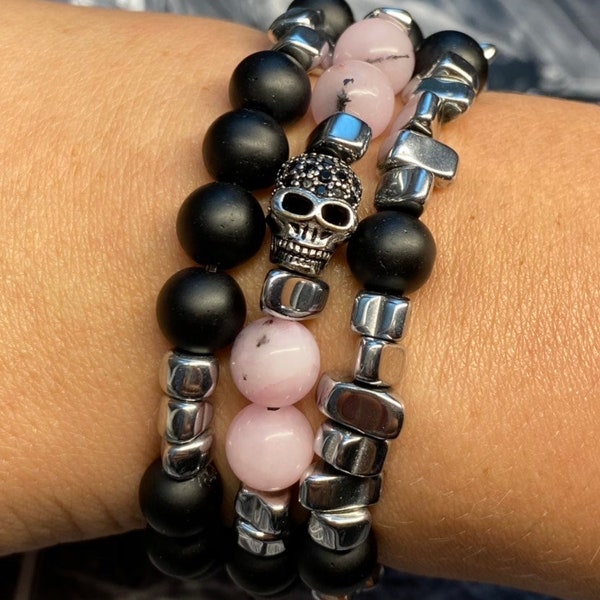 Trilogie de Bracelets, Skull Argent 925 et Zyrconium Noir, Hématite, Rhodonites , Agate noir mat, Ref:W4