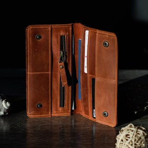Personalized long leather wallet,Women's engraved wallet,Unisex long wallet,Custom wallet women,Leather tall wallet,Long wallet women image 1