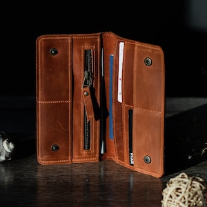 Cartera de piel para mujer, Cartera marrón para mujer, Cartera fina para mujer, Cartera larga para mujer, Cartera con monograma para mujer, Cartera hecha a mano para mujer