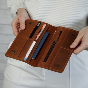 Cartera de piel larga para mujer, Cartera personalizada para mujer, Cartera con monograma, Cartera de piel para mujer hecha a mano, Cartera fina para mujer