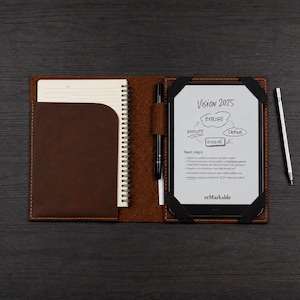 Puede incluir: Una carpeta de cuero marrón que contiene un cuaderno de espiral y una tableta digital asegurada con correas elásticas negras. La pantalla de la tableta muestra el texto Vision 2025 y un diagrama circular con las palabras Explore, Define, Involve, Execute.