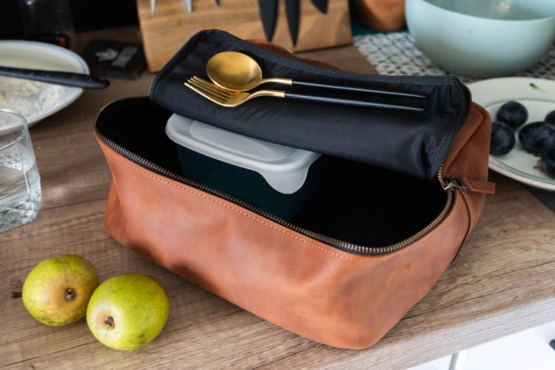 Leather lunch box, Leather lunch bag for men, Large lunch box, Custom lunch box, Leather lunch tote, Personalized lunch box insulated image 3