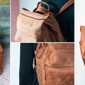 May include: A brown leather backpack with multiple pockets and straps. The backpack can be worn as a shoulder bag or a backpack.