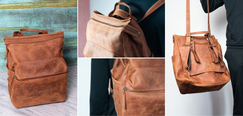 May include: A brown leather backpack with multiple pockets and straps. The backpack can be worn as a shoulder bag or a backpack.