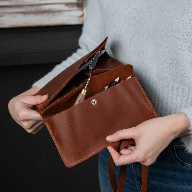 Artist roll up,Leather pencil roll,Leather pencil case,Paint brush holder,Leather pencil wrap,Leather artist case,Pencil organizer image 9