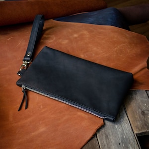 Bolsa de cuero con cremallera y correa, Bolsa grande con cremallera, Bolsa de cuero negra con cremallera, Bolsa de cuero con cremallera para la muñeca, Bolsa plana de cuero con cremallera