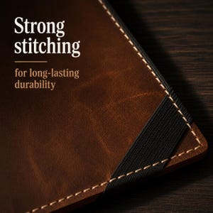 K&ouml;nnte beinhalten: Ein brauner Einband in Lederoptik mit hellen N&auml;hten an den R&auml;ndern und einem schwarzen Gummiband. Der Text "Strong stitching for long-lasting durability" ist in Wei&szlig; und Hellbraun auf der Oberfl&auml;che des Einbands aufgedruckt.