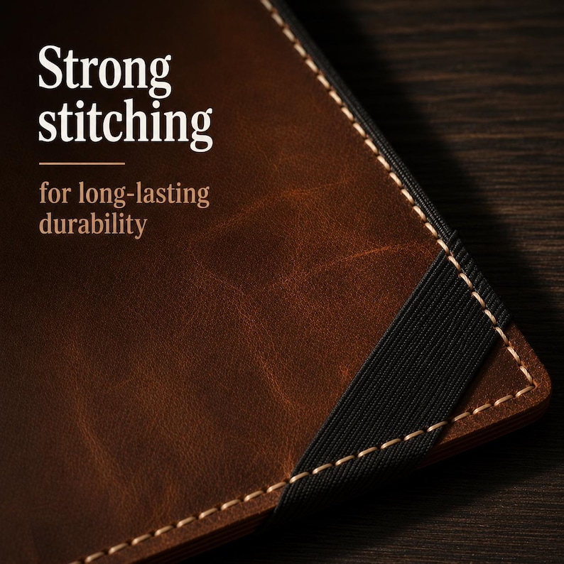 K&ouml;nnte beinhalten: Ein brauner Einband in Lederoptik mit hellen N&auml;hten an den R&auml;ndern und einem schwarzen Gummiband. Der Text "Strong stitching for long-lasting durability" ist in Wei&szlig; und Hellbraun auf der Oberfl&auml;che des Einbands aufgedruckt.