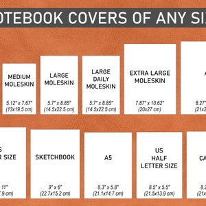 Op de afbeelding: Een grafiek met de verschillende maten van notitieboekomslagen die beschikbaar zijn. De maten worden weergegeven in inches en centimeters. De maten omvatten A6, Medium Moleskin, Large Moleskin, Large Daily Moleskin, Extra Large Moleskin, A4, US Letter Size, schetsboek, A5, US Half Letter Size en Cahier.