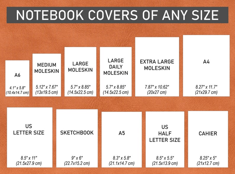 Op de afbeelding: Een grafiek met de verschillende maten van notitieboekomslagen die beschikbaar zijn. De maten worden weergegeven in inches en centimeters. De maten omvatten A6, Medium Moleskin, Large Moleskin, Large Daily Moleskin, Extra Large Moleskin, A4, US Letter Size, schetsboek, A5, US Half Letter Size en Cahier.