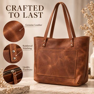 Puede incluir: Un bolso tote de cuero marr&oacute;n con dos correas para el hombro, un bolsillo exterior grande y herrajes de metal plateado. El texto CRAFTED TO LAST es visible, junto con recuadros circulares que destacan el cuero genuino, costuras y herrajes.