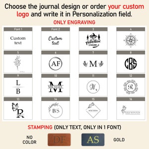 May include: A chart showing different design options for a journal. The options include custom text, initials, and a compass. The chart also shows different font styles and stamping options.