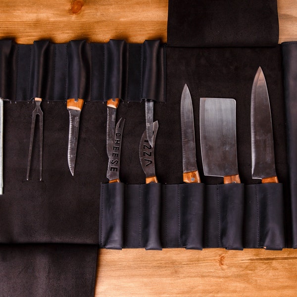 Étui à couteaux en cuir, sac à couteaux de chef, rouleau de chef en cuir, rouleau de rangement pour couteaux, sac à couteaux en cuir, porte-couteaux en cuir, cadeaux pour les chefs