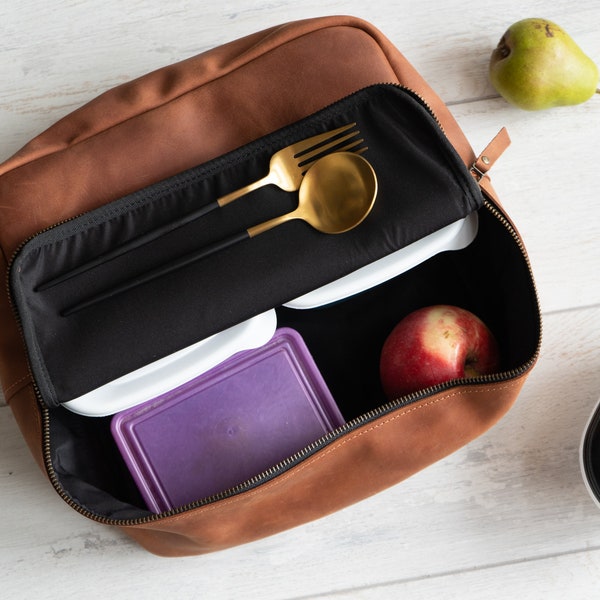 Leather lunch box, Leather lunch bag for men, Large lunch box, Custom lunch box, Leather lunch tote, Personalized lunch box insulated