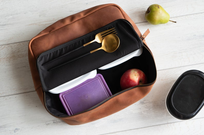 Leather lunch box, Leather lunch bag for men, Large lunch box, Custom lunch box, Leather lunch tote, Personalized lunch box insulated image 1