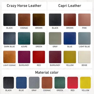 May include: A chart showing different leather colors for Crazy Horse and Capri leather. The colors include black, cognac, brown, dark blue, azure, green, gray, blue, light blue, light cognac, burgundy, red, yellow, and beige.