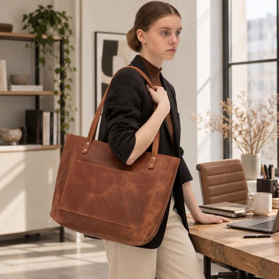 Leather laptop tote bag,Work tote bag for women,Large tote bag with pocket,Classic women bag,Shoulder bags for women,Leather oversized tote