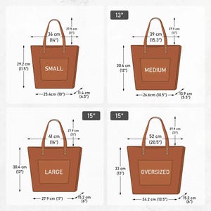 Puede incluir: Un conjunto de cuatro bolsos tote marrones etiquetados como Small, Medium, Large y Oversized, cada uno con un bolsillo frontal y dos asas. El diagrama muestra dimensiones en cent&iacute;metros y pulgadas, incluyendo anchos de 36, 39, 41 y 52 cm.