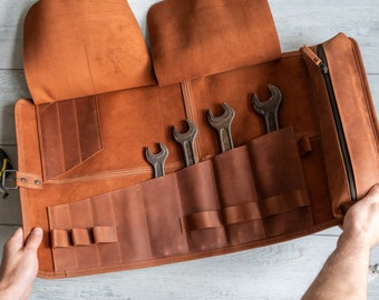 Tools roll bag,Tool roll up pouch,Leather tool roll,Tool pouch leather,Craft tool case,Garage storage,Leather toolbag,Leather tool case