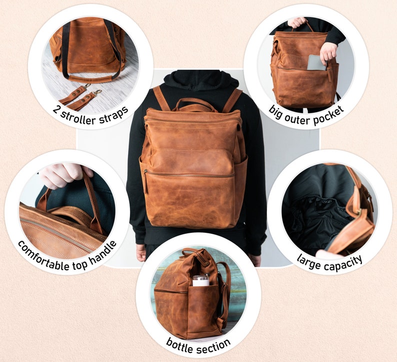 May include: A brown leather diaper bag backpack with multiple pockets and features. The backpack has a large outer pocket, a bottle section, a comfortable top handle, and a large capacity. It also includes two stroller straps.