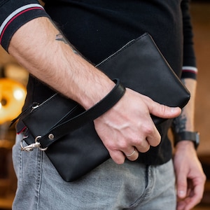 Mannen clutch tas, mannen clutch portemonnee, lederen polsbandje portemonnee, iPhone polsbandje portemonnee, lederen clutch mannen, lederen zakje met rits