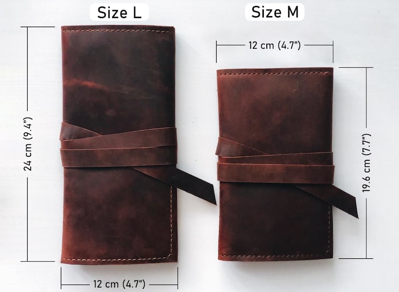 May include: Two brown leather pouches with a strap closure. The larger pouch measures 9.4 inches by 4.7 inches. The smaller pouch measures 7.7 inches by 4.7 inches. Size L and Size M are labeled on the pouches.