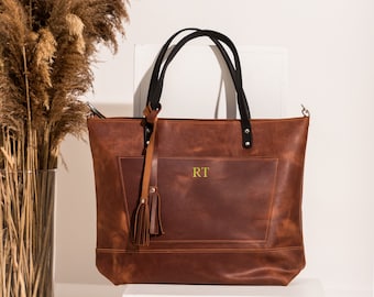 Leather tote bag for women personalized, Womens laptop tote, Leather work bag with initials, Shoulder tote bag, Leather tote bag with zipper