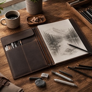 Peut inclure: Une couverture de carnet en cuir marron foncé avec des poches intérieures contenant plusieurs crayons de dessin. Le carnet présente un croquis au graphite d'un paysage de montagne reflété dans un lac. Des outils de dessin supplémentaires, dont des crayons, un taille-crayon et une estompe, sont disposés à proximité.