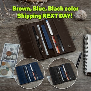 Cartera larga de cuero, Cartera para hombre, Cartera larga grabada, Carteras largas para hombre, Cartera larga personalizada, Cartera alta, Cartera plegable larga