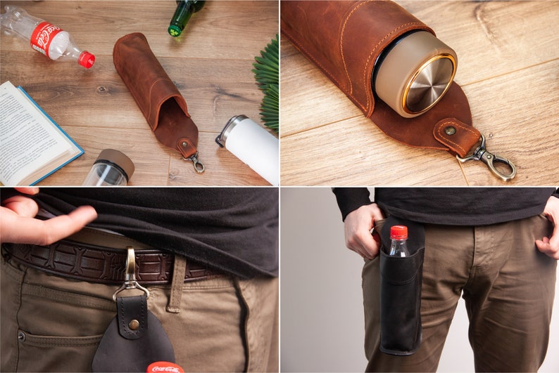 Leather bottle holder,Water bottle holder,Beer holder belt,Leather beer holder,Beer gifts for men,Leather drink holder,Water bottle carrier image 8