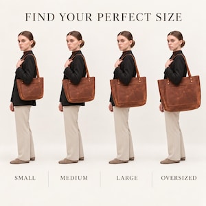 Puede incluir: Una tabla de comparaci&oacute;n de tama&ntilde;os con cuatro bolsos de cuero marr&oacute;n etiquetados como small, medium, large y oversized. El texto FIND YOUR PERFECT SIZE aparece en la parte superior. Cada bolso tiene dos asas y un bolsillo frontal.