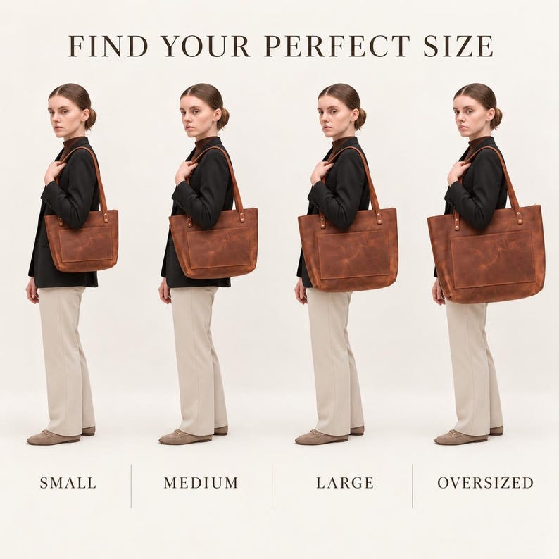 Puede incluir: Una tabla de comparaci&oacute;n de tama&ntilde;os con cuatro bolsos de cuero marr&oacute;n etiquetados como small, medium, large y oversized. El texto FIND YOUR PERFECT SIZE aparece en la parte superior. Cada bolso tiene dos asas y un bolsillo frontal.
