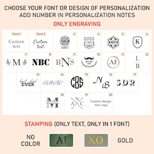 K&ouml;nnte beinhalten: Eine &Uuml;bersicht mit zwanzig nummerierten Gravuroptionen, die verschiedene Schriftarten, Monogramme und Symbole zeigen, sowie einen Bereich f&uuml;r Pr&auml;gungen ohne Farbe oder in Gold. Der Text lautet CHOOSE YOUR FONT OR DESIGN OF PERSONALIZATION.