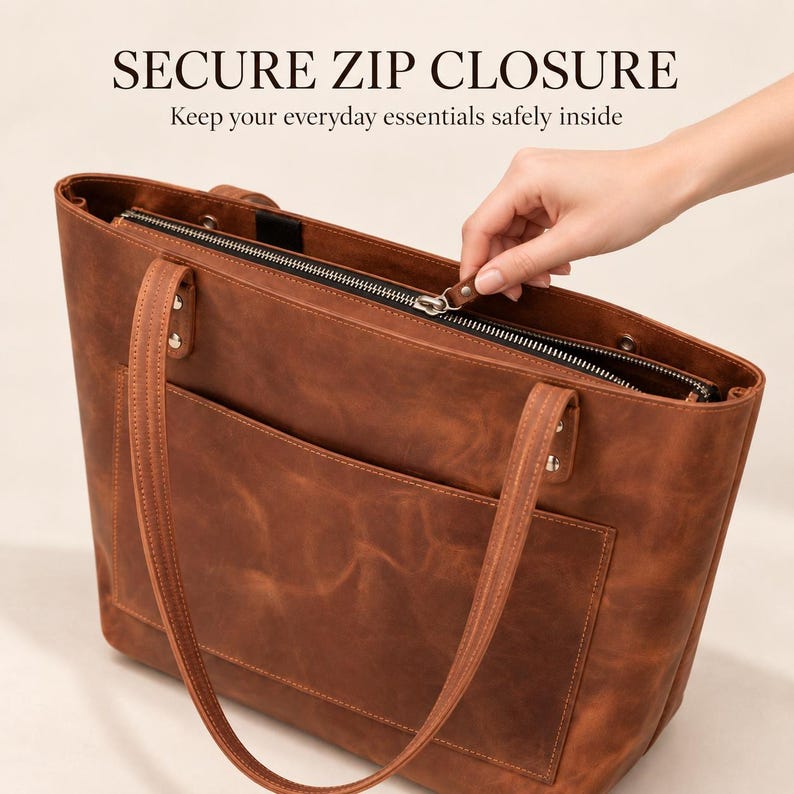 Puede incluir: Un bolso tote de cuero marr&oacute;n con cierre de cremallera superior, dos correas para el hombro y un bolsillo exterior. El texto SECURE ZIP CLOSURE y Keep your everyday essentials safely inside aparece sobre el bolso.