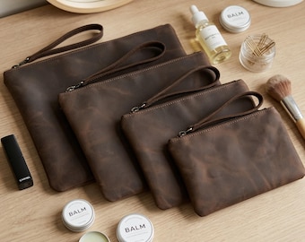 Personalized leather makeup bag, Crazy horse cosmetic pouch, Bridesmaid gift, Travel clutch, Custom name wristlet clutch