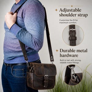 May include: A dark brown leather crossbody bag with an adjustable shoulder strap and durable metal hardware. The bag features a flap closure with a buckle, side pockets, and silver-toned metal clips. Text on the image reads Adjustable shoulder strap and Durable metal hardware.