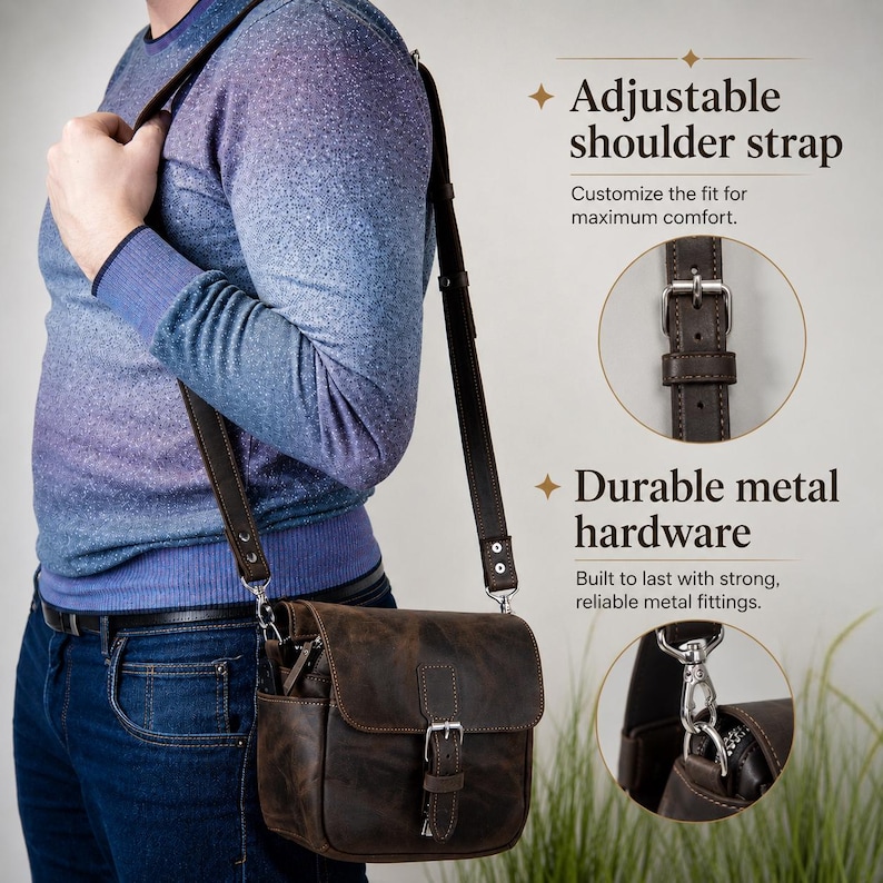May include: A dark brown leather crossbody bag with an adjustable shoulder strap and durable metal hardware. The bag features a flap closure with a buckle, side pockets, and silver-toned metal clips. Text on the image reads Adjustable shoulder strap and Durable metal hardware.