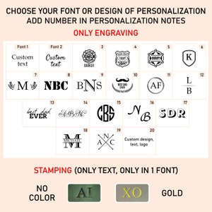 May include: A chart showing different font and design options for personalization. The options include custom text, initials, logos, and symbols. The chart also includes options for stamping with only text in one font. The options for stamping are "No Color", "AI", "XO", and "Gold".