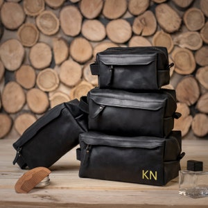 Leather black dopp kit,Leather toiletry bag men,Monogrammed toiletry bag,Shaving kit bag,Personalized leather dopp kit,Men's shaving bag image 1