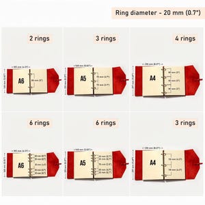 May include: A display of various sizes of notebooks with different ring configurations. The notebooks have a wooden interior and a red leather cover. Measurements are provided in inches and millimeters, including ring diameter of 0.7 inches (20 mm).