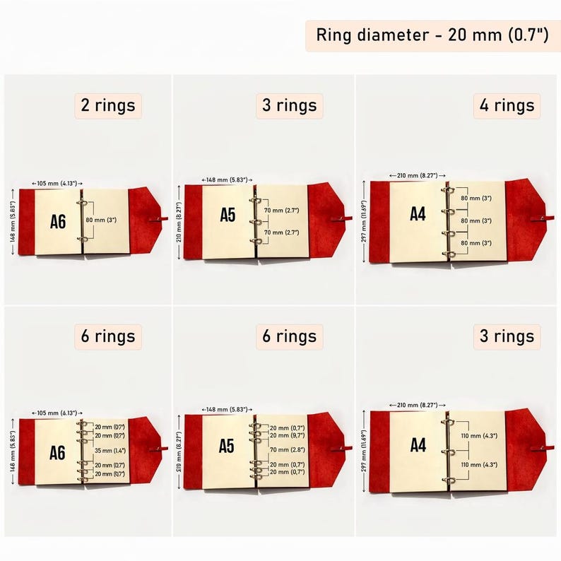May include: A display of various sizes of notebooks with different ring configurations. The notebooks have a wooden interior and a red leather cover. Measurements are provided in inches and millimeters, including ring diameter of 0.7 inches (20 mm).
