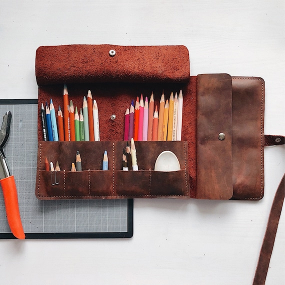 leather roll, artist roll, leather pencil roll, leather pencil