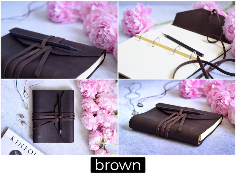 May include: A brown leather journal with a pencil secured by a leather strap. The journal is open in one image, revealing blank pages and gold-colored rings. Pink peonies and jewelry are in the background. The word "brown" is in a black rectangle.