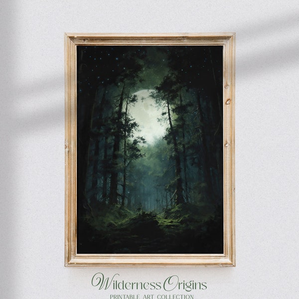 Moonlit Forest /  moody landscape, vintage forest art, vintage wall art, antique painting, forest painting, dark landscape