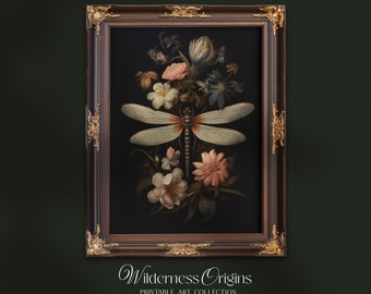 Dragonfly with Florals / cottagecore print, moody wall art, dark aesthetic, dark nature, insect print, vintage nature art, dark academia
