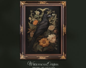 Estampado floral de cuervo, arte mural de estilo cottagecore oscuro (descarga digital)