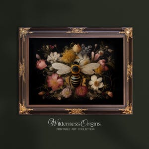 Bee with Forals, dark cottagecore decor, moody wall art, dark nature aesthetic, insect print, vintage nature art, dark academia printable
